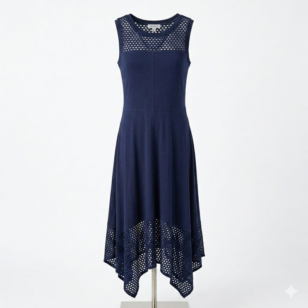 Spense Laser Cut Mesh Maxi Dress Liquid Drape Handkerchief Hem S Blue Boho Indie